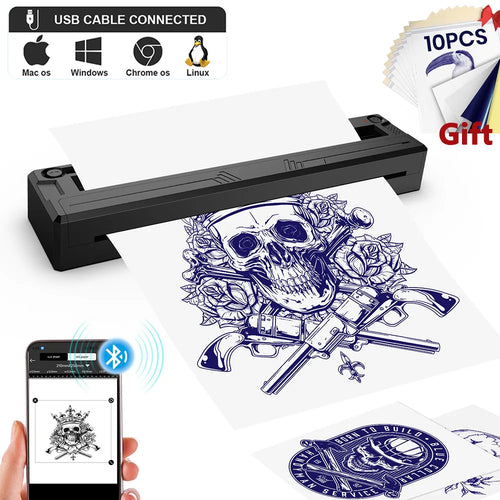 Wireless Tattoo Transfer Machine Bluetooth Tattoo Thermal Stencil Printer Compatible with Smartphones&PC with 10pcs Tattoo Paper